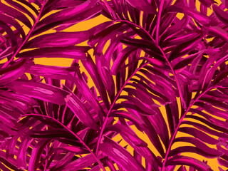 Africa Tropic Seamless Pattern. Large Leaf Aloha Rapport. Swimwear Shirt Botanical Flower Background. Watercolor Leaves of Monstera, Palm and Jungle. Pink Orange Yellow Hawaiian Botany Texture Design.