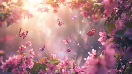 Obraz na płótnie Canvas Enchanting Sakura Blossom: A Serene Haven of Pink Petals and Fluttering Butterflies