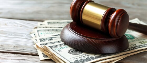 Gavel and Cash on Wooden Surface Legal Concept