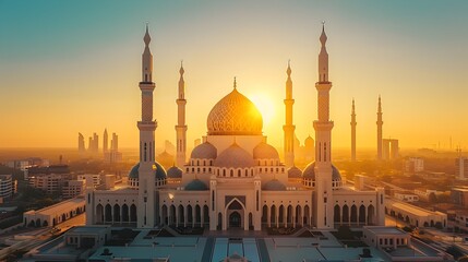 Obraz premium Captivating Aerial View of Majestic Islamic Mosque at Golden Hour with Stunning Geometric Architecture and Serene Sky