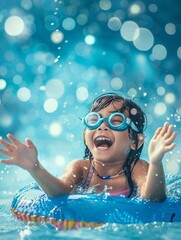 happy little girl wearing swimming goggles and an inflatable ring is playing in the pool on a sunny day. closeup shot of the smiling expressions of children holding toys on their backs, natural light