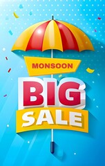 Monsoon big sale flyer design with umbrella on blue background