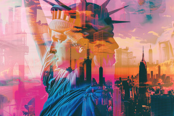 Statue of Liberty New York Cityscape | AI Generated Double Exposure Minimalist Art Print