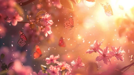Zelfklevend Fotobehang Grunge vlinders Enchanting Sakura Blossom: A Serene Haven of Pink Petals and Fluttering Butterflies