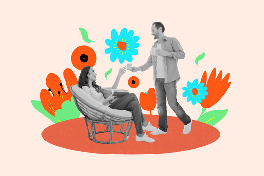 Composite trend artwork collage of nice trendy cheerful positive couple enjoying life spend free spare time guy girl in modern apartments