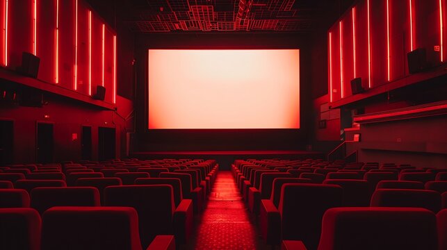 An empty movie theater with red seats and a blank screen. The theater is lit by red lights.
