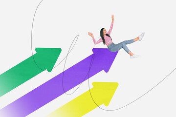Trend artwork composite sketch image 3D photo collage of young lady sit on huge arrow go up show...