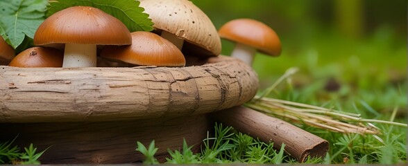 Beautiful boletus edulis mushroom in amazing green moss. Amazing old magic forest mushrooms background. Fresh white mushroom collection. - obrazy, fototapety, plakaty