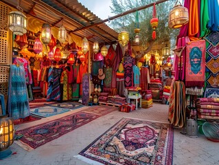 Fototapeta na wymiar Vibrant Eid al Adha Market with Colorful Textiles and Festive Merchandise