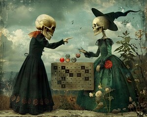 A talking skull explains the periodic table to the little witch, its bony finger pointing to elements with magical properties , - obrazy, fototapety, plakaty
