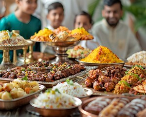 A Festive Family Gathering Showcasing a Traditional Eid al Adha Feast with Delectable Dishes and...