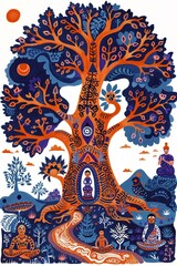 A Native American shaman and a Hindu guru meditate together under a giant tree, their spiritual energies merging into a radiant aura ,