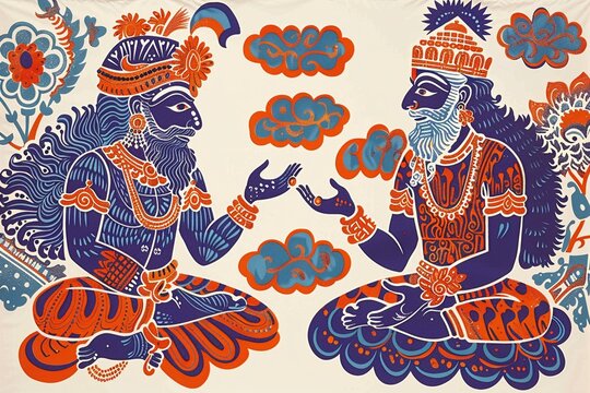 A Hindu deity and a Greek god engage in a philosophical debate on a cloud, their differing perspectives highlighting the richness of human mythology ,