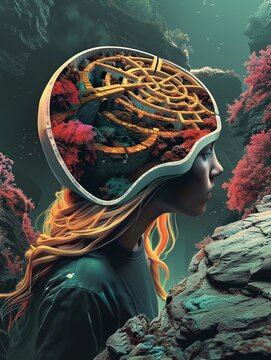 A students head opens up to reveal a labyrinth, symbolizing the complexity of the human mind and the search for meaning ,