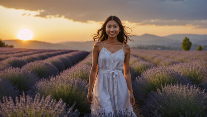Fototapeta na wymiar Bellissima ragazza di origini asiatiche felice in un campo di lavanda della Francia meridionale al tramonto durante una vacanza vestita con un abito di lino bianco