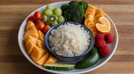 A balanced meal featuring a bowl of rice, a bowl of vegetables, and a bowl of fruit.