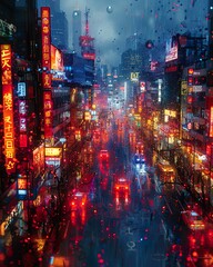 neon-lit cyberpunk street scene bustling with augmented reality advertisements and futuristic technology, contemporary art collage style with pop colors, card classic illustration of a 50s era