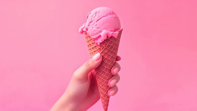 Hand holding strawberry ice cream cone on pink background
