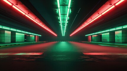 Futuristic Underground Tunnel with Vivid Red and Green Lights