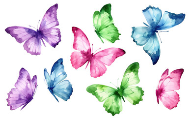 Watercolor colorful butterflies, isolated on white background. blue, yellow, pink and red butterfly spring illustration. 