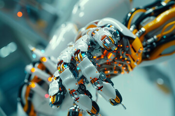 Fototapeta premium A detailed visualization of a robotic hand crafting an intricate piece of technology symbolizing the future of innovation