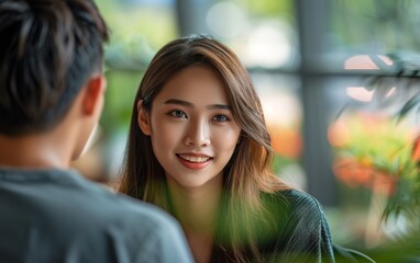 Fototapeta premium Couple seeks help from psychologist for depression, wife finds support from husband during therapy sessions at clinic.