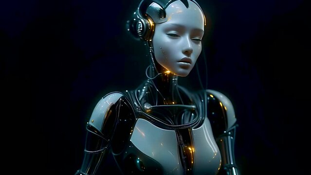 Elegant female robot in smooth motion, Beautiful science fiction robotic model enjoy the music wearing headphones. Flowing isolated on black background. Fashion techno visuals concept. 