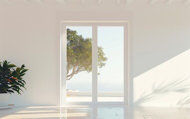 Fototapeta premium White Double Doors Open to Outdoor View on White Wall - illustration of Freedom, Escape from Confinement, Entry to New Opportunities.