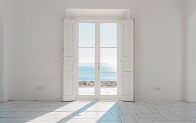 White Double Doors Open to Outdoor View on White Wall - illustration of Freedom, Escape from Confinement, Entry to New Opportunities.