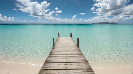 a serene wooden pier extending into the clear turquoise waters of a tranquil beach, with a blue sky...