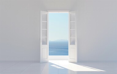 White Double Doors Open to Outdoor View on White Wall - illustration of Freedom, Escape from Confinement, Entry to New Opportunities.