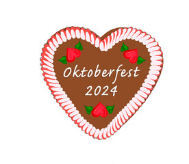 Oktoberfest Lebkuchenherz 2024 isoliert auf weissem Hintergrund