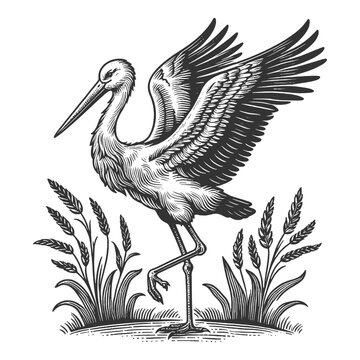 stork standing, wings spread, black and white clip art preview