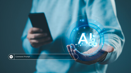 Businessman hand show virtual graphic Global Internet connect robot Chat with AI, Artificial...
