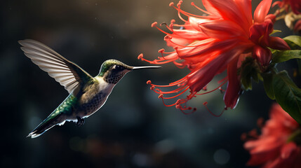 A close-up of a hummingbird feeding on nectar from a vibrant red flower.