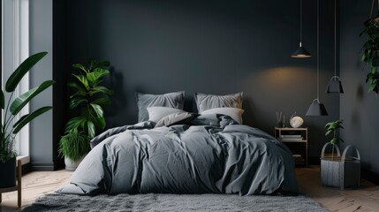 Bedroom wall mockup,Cozy dark grey bedroom interior background, Realistic Photography Background