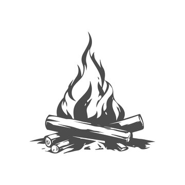 recommend clip art: Silhouette of campfire burning bonfire with wood. Firewood and campfire. Burning woodpile. Tourism. Camping adventures. Vector illustration of bonfire isolated on white background