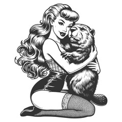 pin-up girl lovingly embracing a beaver, combining retro charm with whimsy sketch engraving generative ai fictional character vector illustration. Scratch board imitation. Black and white image.