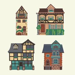 Pretty hand drawn houses of European old city street. Seamless vector with building facades. Flat vector illustration in cute style.
