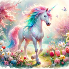A stunning unicorn with a flowing rainbow mane walks through a field of spring flowers near a tranquil lake. Magical fantasy illustration showcasing the beauty and wonder of this mythical creature.