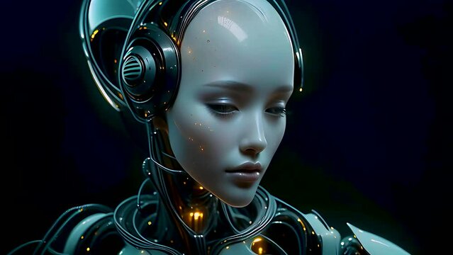 Elegant female robot in smooth motion, Beautiful science fiction robotic model enjoy the music wearing headphones. Flowing isolated on black background. Fashion techno visuals concept. 