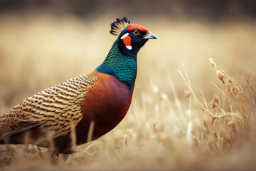 Fototapeta premium Male Pheasant bird wary exotic feeding fowl chinese wild hen cock forest neck runs game solitary tail wing nature field free upland