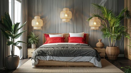 Modern Bedroom Interior With Double Bed, Wicker Lamps, Red Pillows And Potted Plant, Realistic Photography Background