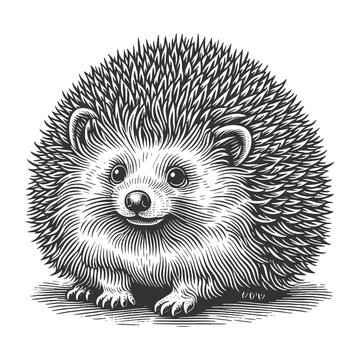 hedgehog, showcasing its detailed spines and curious expression sketch engraving generative ai vector illustration. Scratch board imitation. Black and white image.