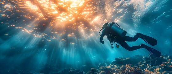 Sunlit Ascent: Diver Amidst Ocean's Serenity. Concept Ocean Photo Shoot, Diver Portraits, Underwater Beauty, Natural Lighting - obrazy, fototapety, plakaty