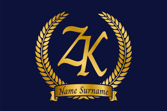Initial letter Z and K, ZK monogram logo design with laurel wreath. Luxury golden calligraphy font.