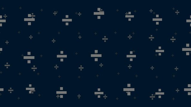 Division symbols float horizontally from left to right. Parallax fly effect. Floating symbols are located randomly. Seamless looped 4k animation on dark blue background