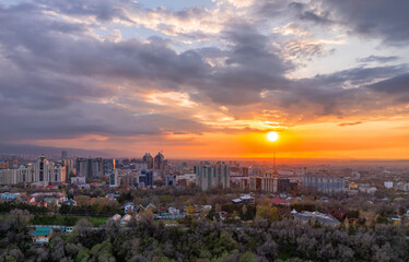 View from a quadcopter of the central part of the largest Kazakh city of Almaty