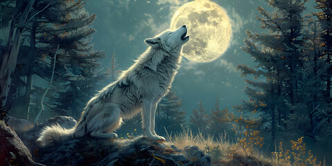 wolf howling in the mist with full moon in background, Mystical Wolf Howling at Full Moon - obrazy, fototapety, plakaty