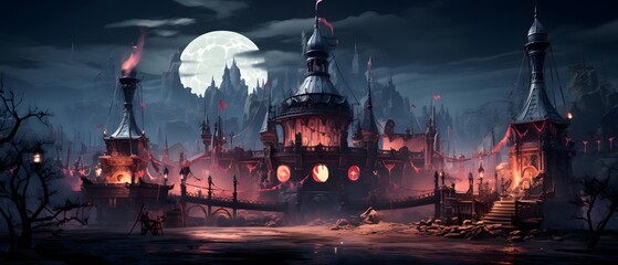 Horror scene with haunted house and full moon. Halloween concept.